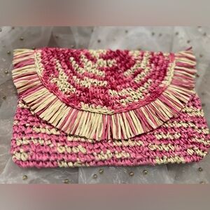 BTB Los Angeles
Riley Fringe Straw Clutch Bag Pink and Cream Woven Purse